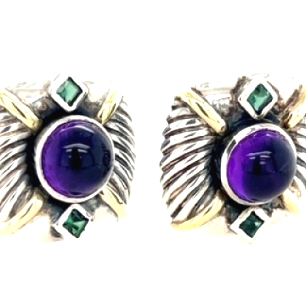 14k David Yurman Exquisite Cabochon Amethyst Green Tourmaline 925 Earrings 750$